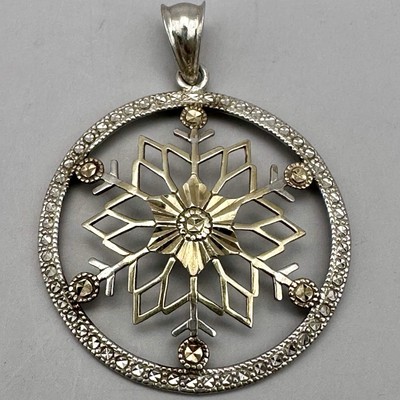 Schneeflocke runder Anhänger Diamantschliff signiert ZRW Sterlingsilber Winter Schneeflocke