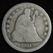 1861 Seated Liberty Silver Quarter VG E298 VXDS