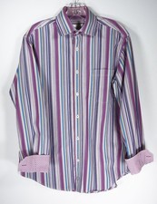 Men's BUGATCHI UOMO Flip Cuff White and Plum Striped Long Sleeve Shirt Size M