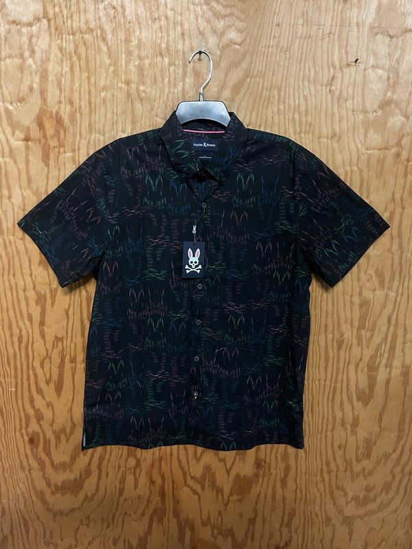 Psycho Bunny Mens Medium AOP Black  Short Sleeve Shirt
