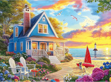 300 Piece Jigsaw Puzzle for Adults   Charming Beach House, Sailboat  Playful...