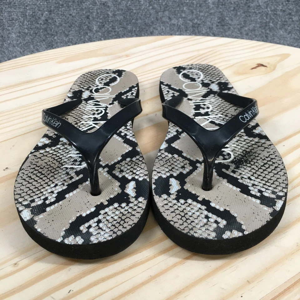 Calvin Klein Sandals Womens 6 Sanica Snake Print Slip On Flip Flops Black Gray - Image 4 of 4