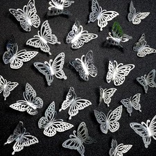 3D Laser Metallic Butterfly Silver, 48pcs 4 Styles 3 Sizes, Removable Stickers