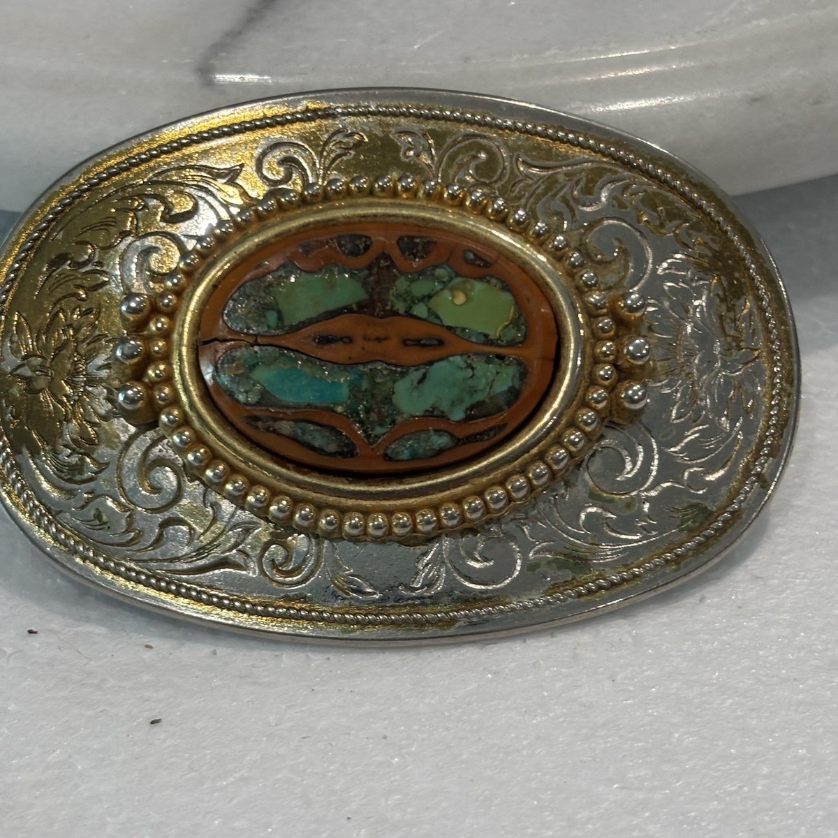 Antique Gold Ornate Belt Buckle Marble Stone Artisan Bohemian Gypsy Spanish DDR-Belt-AVintage-Buckle-  main image 2