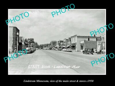 OLD POSTCARD SIZE PHOTO OF LINDSTROM MINNESOTA THE MAIN STREET & STORES c1950