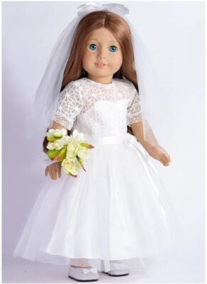 Wedding Dress, 1st Communion Dress, Bouquet & Tulle Veil, 18'' Dolls