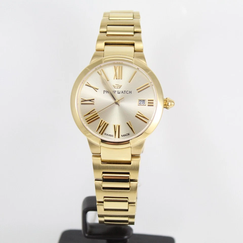 Reloj Philip para mujer Corley acero PVD oro amarillo hecho en Suiza con indicador de fecha Foto 2 de 4
