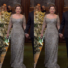 Illusion Neck Long Sleeve Mother of The Bride Dress Lace Appliques Beads Elegant