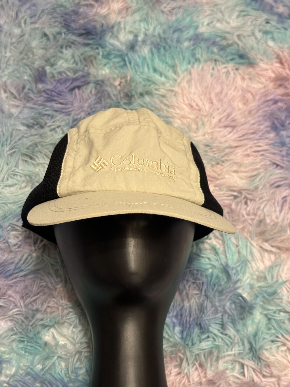 Vintage Columbia Sportswear 5 Panel Mesh Fishing Hat Cap Beige Black Gorpcore