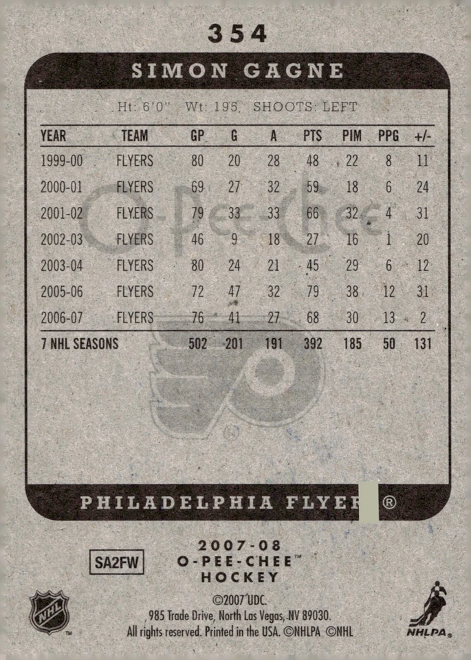 Simon Gagne - Signed 2007-08 O-Pee-Chee Card #354 - Image 2 of 2