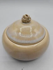 VTG. Hand Made Pottery Trinket Dish with Lid Floral Handle Signed