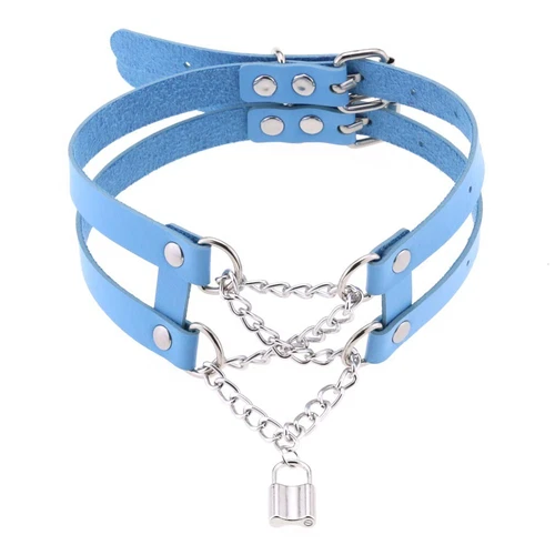Double Belt Punk Choker with Cross Chain Lock Pendant Gothic Collar - Picture 17 of 37