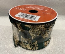 2 1/2 x 20 Ft wired edge ribbon. Gold Leaves On Dark Green. Fall Thanksgiving