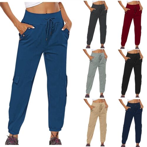 Women's Casual Cargo Pants Drawstring Soild Sport High Waisted Slim Fit Pants