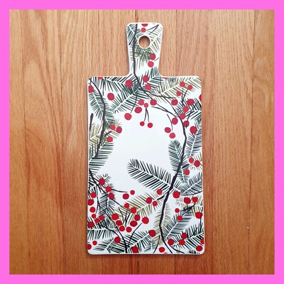 Crate Barrel Cheese Board Holly Berries Holiday Christmas Ceramic Plate 