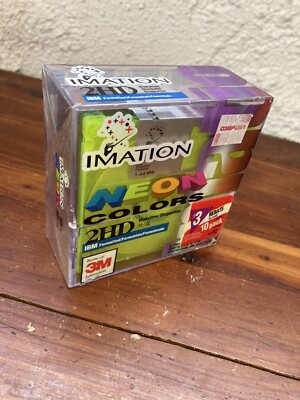 Imation NEON 3M 2HD Floppy Disks 1.44 MB Box 10 Diskettes IBM Format NOS Sealed