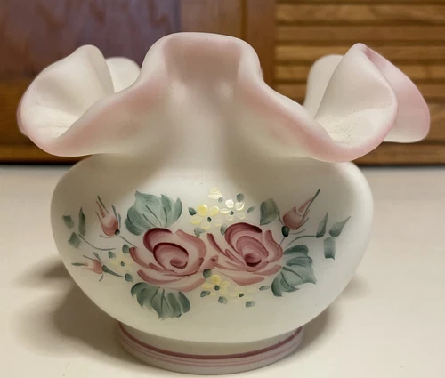 FENTON Rose Garden Vase Hand Painted Ruffled Signed Produced In 1997 Only