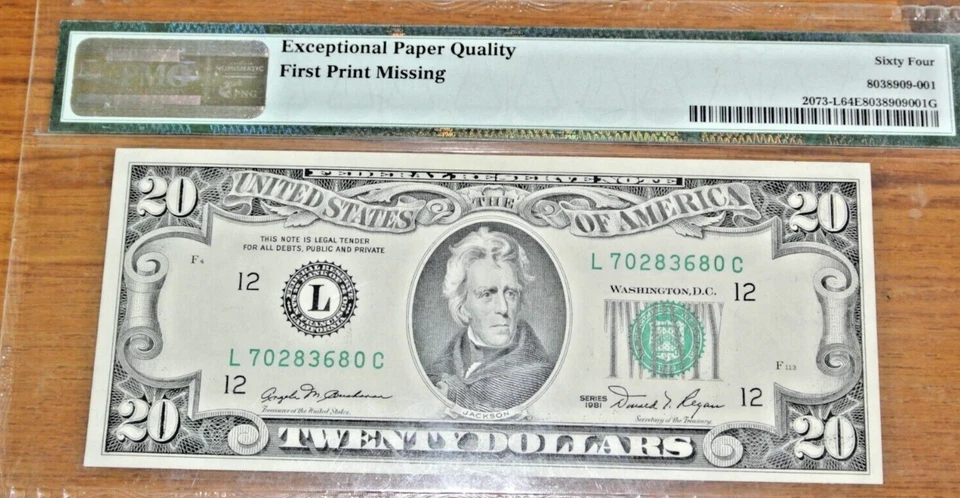 1981 FEDERAL RESERVE NOTE $20 SAN FRANCISCO PMG CU 64 EPQ MISSING PRINT ERROR - Image 4 of 4