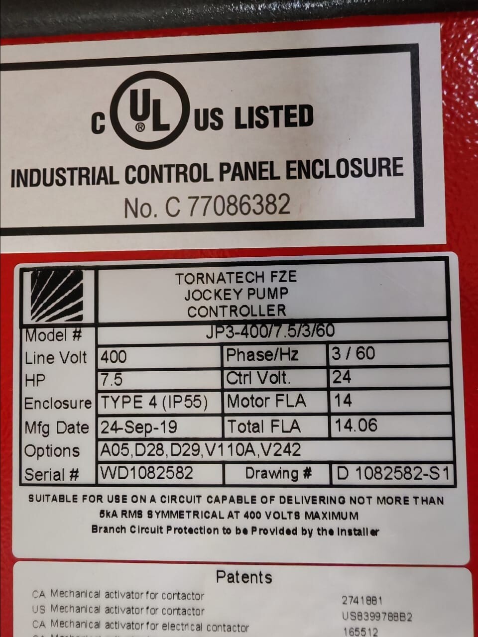 TORNATECH JP3-400/7.5/3/60 TORNATECH JP3-400/7.5/3/60 TORNATECH FZE JOCKEY PUMP CONTROLLER 12