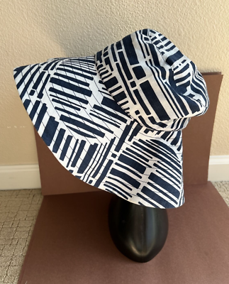 TRINA TURK Shade Hat OS Blue White Mosaic Pattern Vacation NWOT TRINA TURK Abstract Blue and White Print Wide Brimmed Shade  main image 3