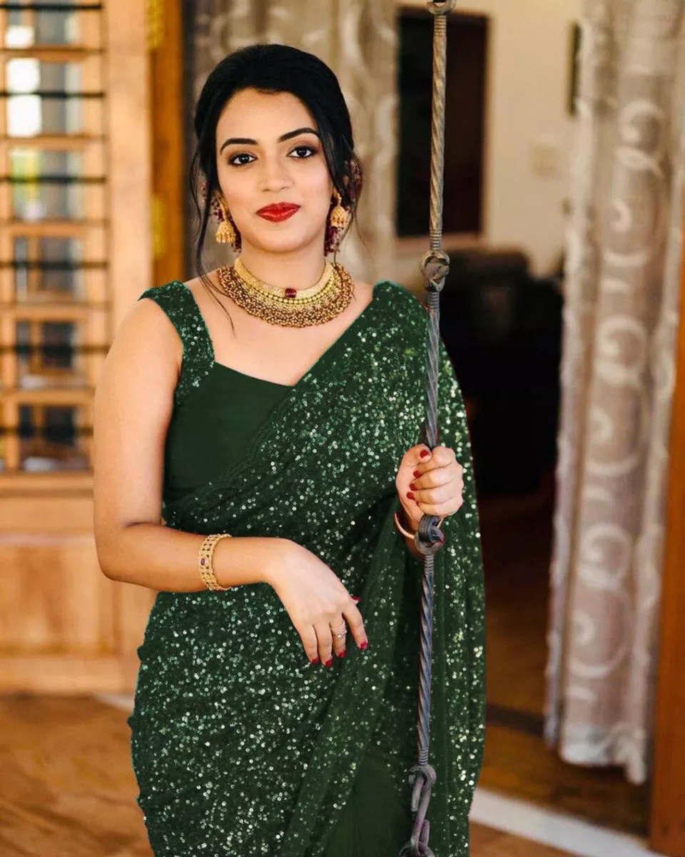 Womens Georgette Green Sequins Ethnic Saree Party Wear Fancy