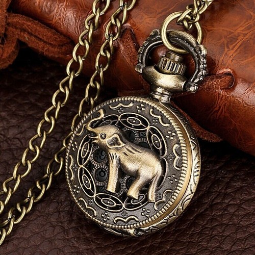 Vintage schöne Elefanten Muster Herren Damen Quarz Taschenuhr lange Kette Geschenk - Bild 2 von 6