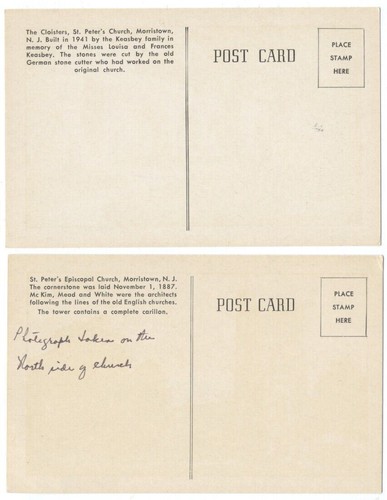 MORRISTOWN NJ - St. Peter's Church - 2 circa 1940's Postcards - Picture 2 of 2