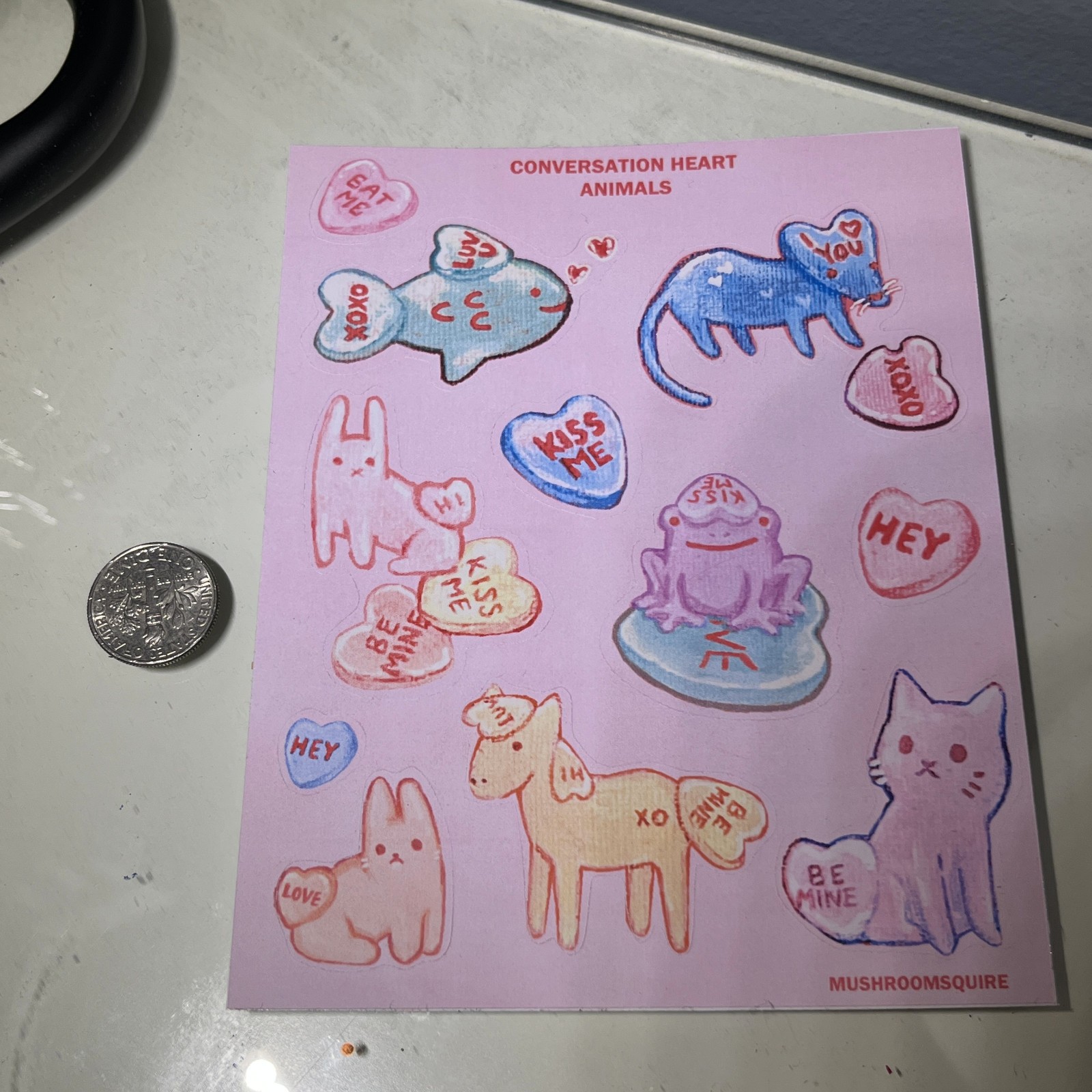 Conversation Heart Animals PAPER Sticker Sheet Handmade valentine mushroomsquire thumbnail 3