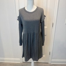 LOFT Dress long Sleeves Ruffle Gray Casual Stretch Size Medium Soft