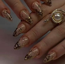 24PCS Leopard Print Gold French Press On Nails Almond Reusable False Nails
