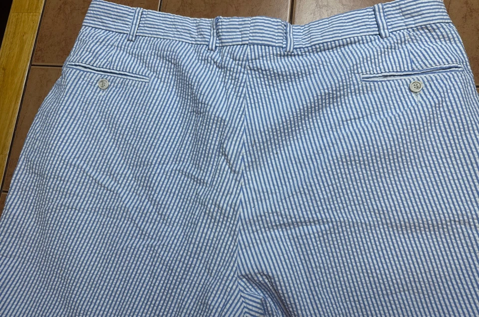 Pantalones Cortos de Verano Ben Silver Charleston Seersucker Azul Rayas Plisados Talla 42 x 9 Foto 4 de 4