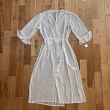 Oscar De La Renta Pink Label White Sheer Belted Wrap Robe Duster Nightgown Small