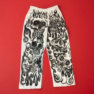 Hand Airbrushed Los Angeles Apparel Men's L Beige/Black Fleece Skull Sweatpants
