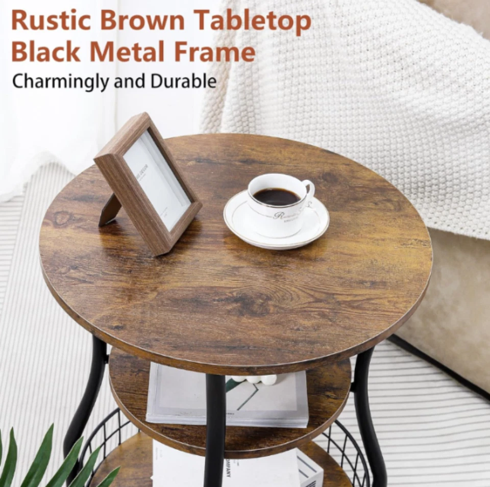 Mesa de centro redonda de granja - Almacenamiento de 3 niveles, mesa de cóctel central rústica Foto 4 de 4