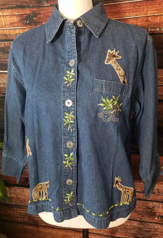 New Direction Denim Jean Top Mediano Bordado Terciopelo Jirafa Camisa Mangas 3/4 Foto 3 de 4