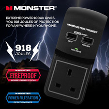 Monster Power Surge Protected Extension Adapter W 2 USB Charging Port Black-UK
