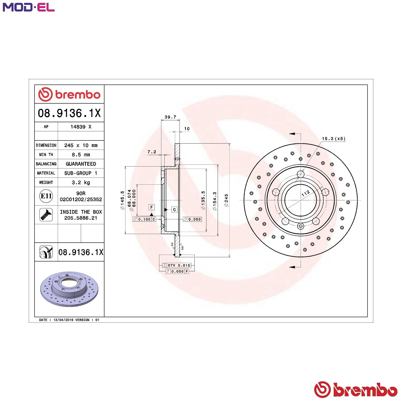 Fits BREMBO HAMULCE 08.9136.1X BRAKE DISC REAR 245X10 P XTRA - Image 6