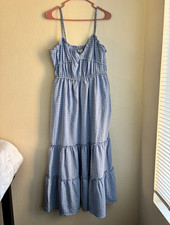 Old Navy Blue/White Gingham Smocked Ruffle Midi Sundress V-Neck Cotton Size XL