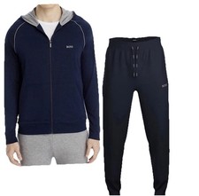 Hugo Boss Men's Blue Gray Trim Thin Cotton Tracksuit Hoodie Sweat Suit Size XL