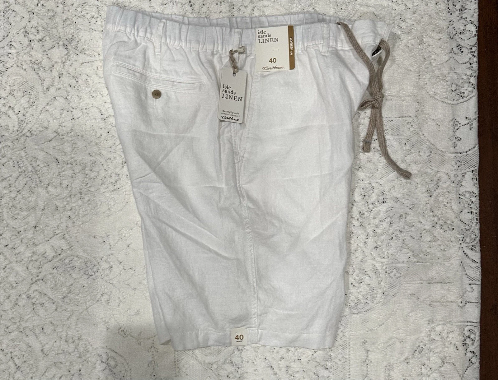 Caribbean Roundtree Yorke Shorts Men 40 White 100 %Linen Elastic Drawstring NEW