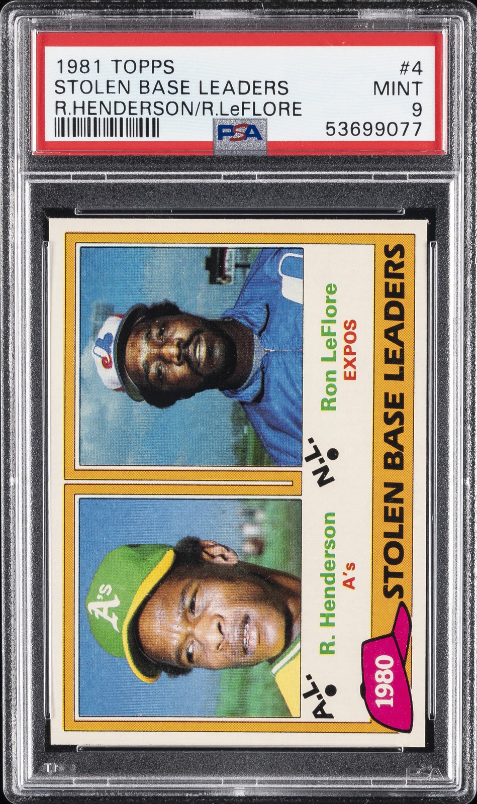 1981 TOPPS R.HENDERSON/R.LEFLORE #4 STOLEN BASE LEADERS PSA 9
