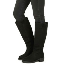 Black Knee High Boots Faux Suede UK 8 Womens Flat Low Heel Square Toe Zip Smart