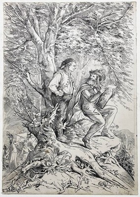 Ludwig Skell - Maler und Bauer Jäger Wald Zeichnung drawing dessin 1900