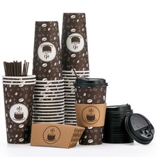 JOLLY PARTY 20oz Disposable Coffee Cups w/ Lids, Sleeves, Stirrers - 50 Pack