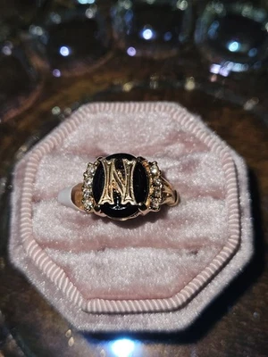 Vintage Initial N Ring SIZE 6 ONYX heavy Gold Electroplated - Image 1 of 2