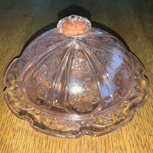 Vintage Jeannette Cherry Blossom Pink Depression Glass Butter Dish w/ Dome Lid