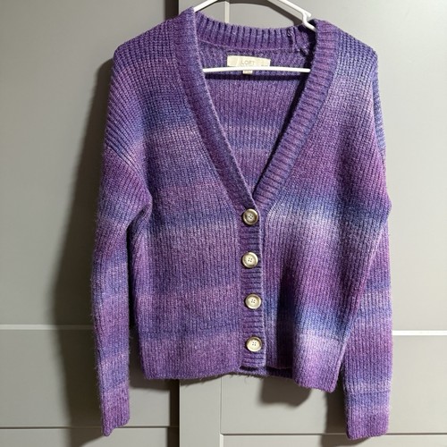 Loft Petite Damen Space gefärbt gerippter Strick V-Ausschnitt Knopf Cardigan lila Größe SP