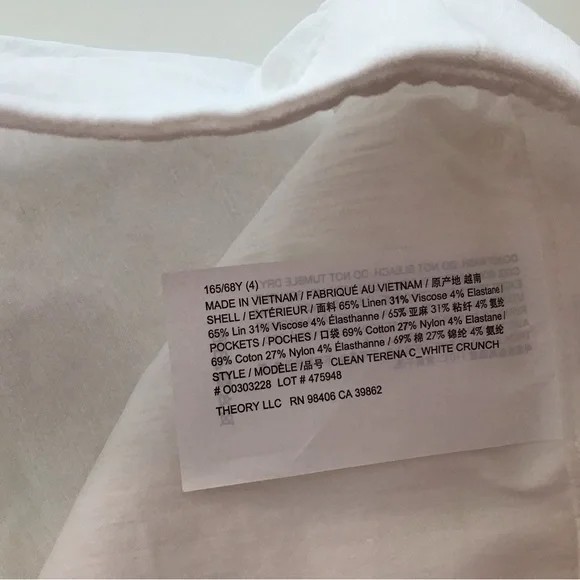 Theory Womens Pants Size 4 White Crunch Linen Cropped Clean Terena