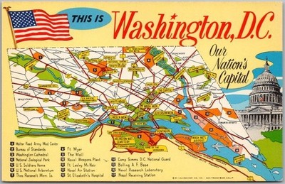 1950s Washington DC Greetings MAP Postcard U.S. Capitol / Street Map w/ Legend