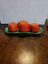 VTG Maruhon Ware Occupied Japan Tomato Salt & Pepper w/ Condiment Jar & Spoon